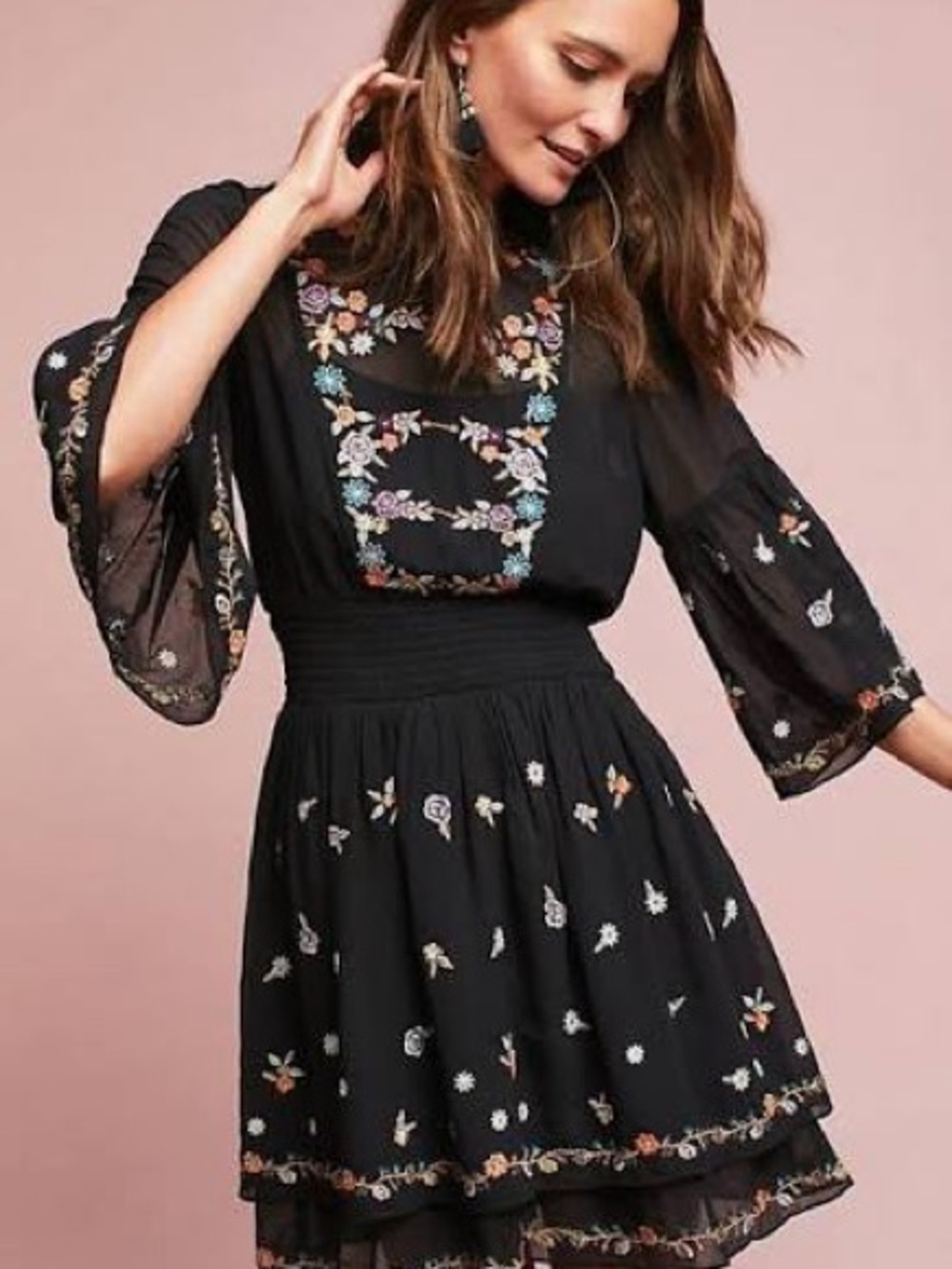 Anthropologie Maeve Anfisa Tunic Dress Floral Embroidery Fairy Whimsigoth sz 12